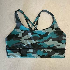 Turquoise and gray camo print, Lululemon sports bra, size 12